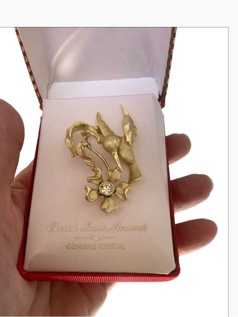 Gold Tone Hummingbird & Flower Pin / Brooch with Crystal – In Original Box